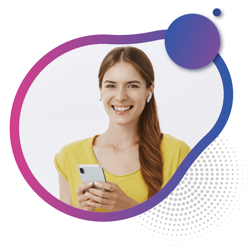 A girl with long brown hair wearing wireless earbuds holds a smartphone, dressed in a yellow shirt, representing the fast and effortless connectivity enabled by eSIM technology in Australia.