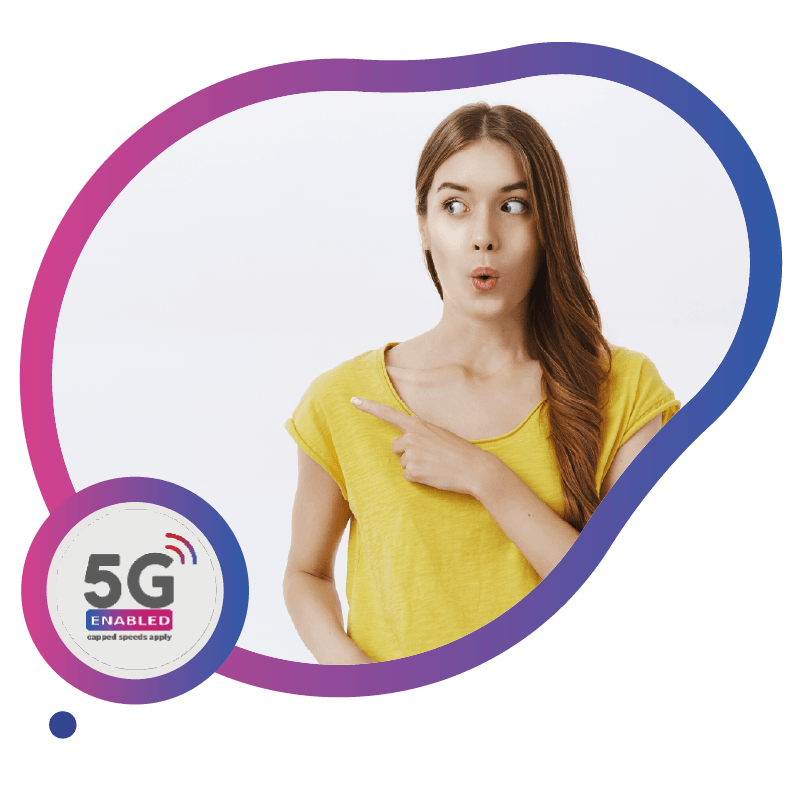 A person in a yellow shirt gestures with their right hand, promoting 5G technology, framed in a colorful design, symbolizing the fast and seamless 5G connectivity available through eSIM in Australia