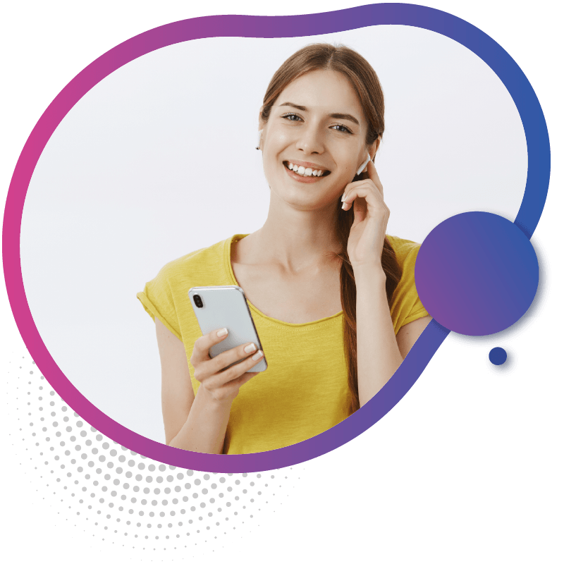 A women in a yellow shirt holds a smartphone thoughtfully, set against a colorful circular background, symbolizing the seamless and reliable connectivity of eSIM technology in Australia, wherever you go