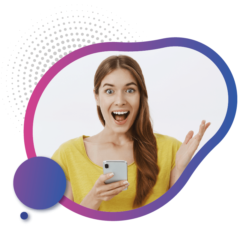 A women in a yellow shirt holds a smartphone and gestures expressively, set against a vibrant, abstract background, symbolizing the freedom and endless possibilities with eSIM technology in Australia.