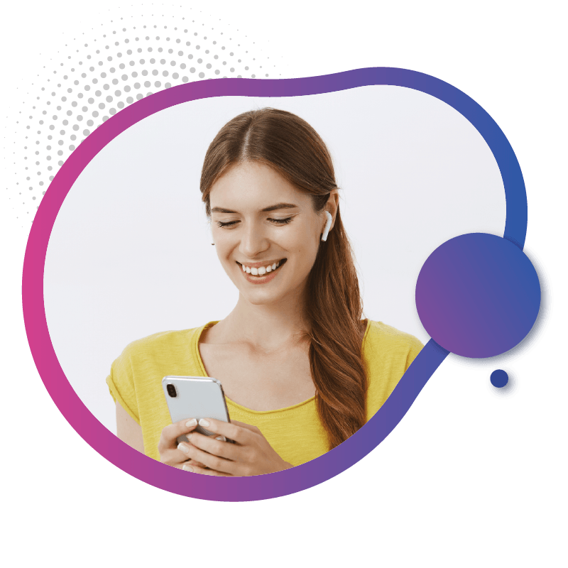 A girl with long brown hair wearing wireless earbuds holds a smartphone, dressed in a yellow shirt, symbolizing the quick and seamless connectivity offered by eSIM technology in Australia